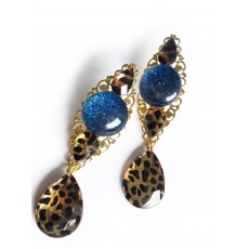 Brown Blue Earrings, Leopard Print,